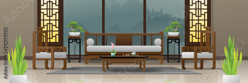 Luxury living room interior background with furniture in Chinese style , vector , illustration