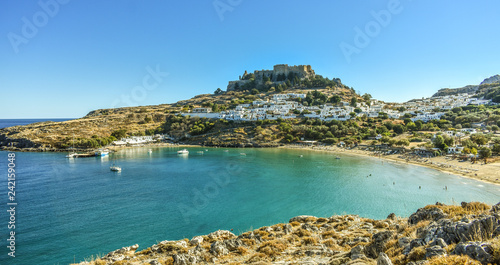 LINDOS,RHODES/GREECE OCTOBER 29 2018 : Lindos village and Lindos bay,photo taken from Kleovoulos Tomb hill.