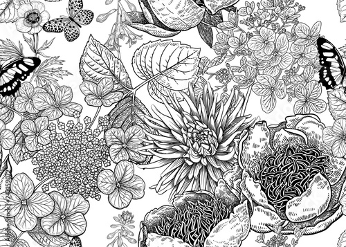 Floral vector seamless pattern. Peonies, aster and hydrangea.