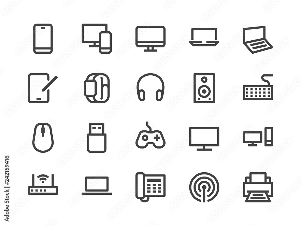Electronics, Technology Store Line Icon. Vector Illustration Flat style. Included Icons as Tv, Computer, Phone, Audio Devices and more. Editable Stroke. 30x30 Pixel Perfect