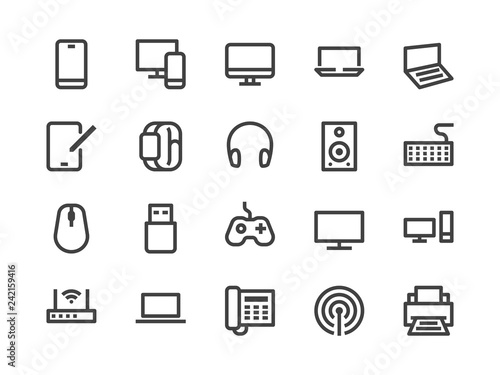 Electronics, Technology Store Line Icon. Vector Illustration Flat style. Included Icons as Tv, Computer, Phone, Audio Devices and more. Editable Stroke. 30x30 Pixel Perfect