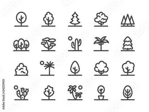 Trees, Plants Line Icon. Vector Illustration Flat style. Included Icons as Fir Tree, Palm, Park, Desert Cactus, Bush, Forest and more. Editable Stroke. 30x30 Pixel Perfect