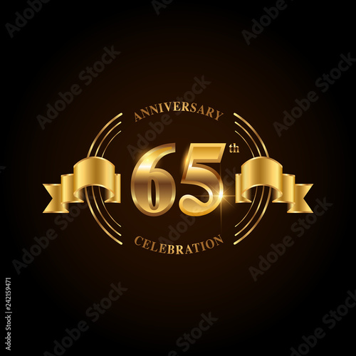 65 years anniversary celebration logotype. Golden anniversary emblem with ribbon. Design for booklet, leaflet, magazine, brochure, poster, web, invitation or greeting card.