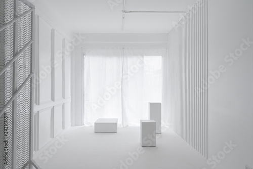 All white scene in modern classic style for fashion blogger photoshoot /street fashion / interior photoshoot concept / compostion object