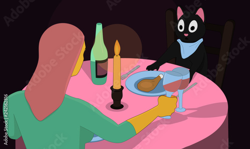 Gray cat is having dinner with a lonely woman. A strong and independent woman with pink hair drinks wine with a cat.