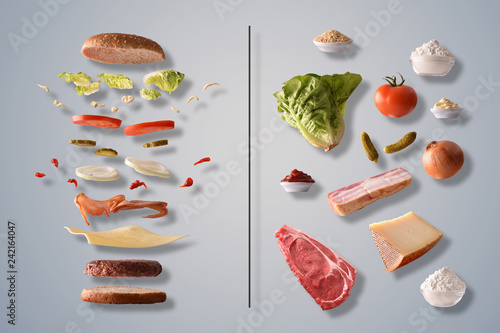 Illustrative composition of a burger with ingredients gray background