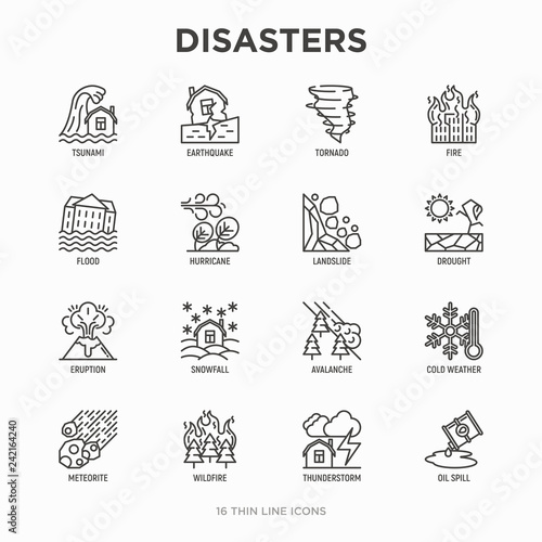 Disasters thin line icons set: earthquake, tsunami, tornado, hurricane, flood, landslide, drought, snowfall, eruption, thunderstorm, avalanche, meteorite, wildfire. Modern vector illustration.
