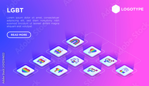 LGBT web page template with thin line isometric icons: gay, lesbian, rainbow, coming out, free love, flag, support, stop homophobia, LGBT rights, pride day. Modern vector illustration.