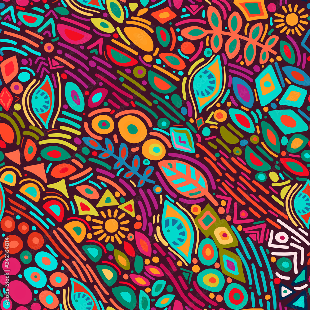 Fototapeta premium Seamless pattern with abstract botanical ethnic ornaments, florals and leaves. Handdrawn ornament lace backdrop.Floral oriental textile, fabric. Vector background - Vector