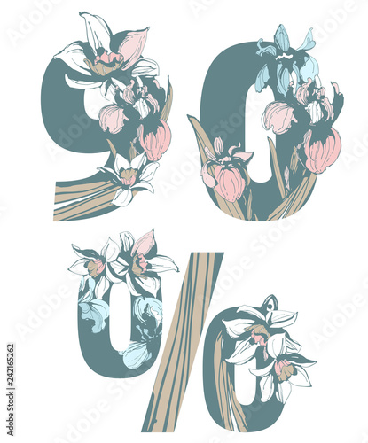 Decorative set floral pattern figure number letter alphabet spring flowers