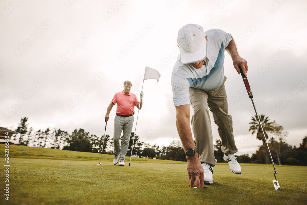 Obraz premium Golfer picking golf ball out of hole