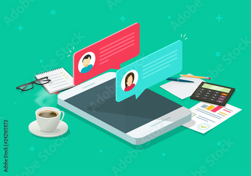 Chat text messages notification on smartphone vector research, flat cartoon isometric sms bubbles on mobile phone screen table desktop, chatting on cellphone, 3d isolated workplace or workspace