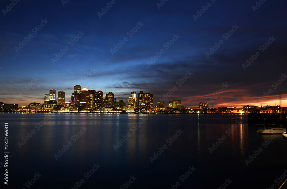 Boston City Skyscrapers, Custom House and Boston Waterfront at night from East Boston, Boston, Massachusetts, USA 