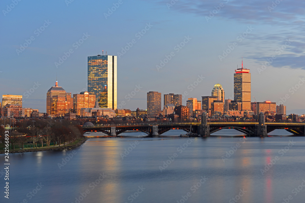 Boston John Hancock Tower, Prudential Center and Back Bay Skyline at twilight, viewed from Cambridge, Boston, Massachusetts, USA.