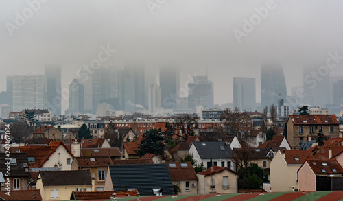 city Paris la Defense in the fog