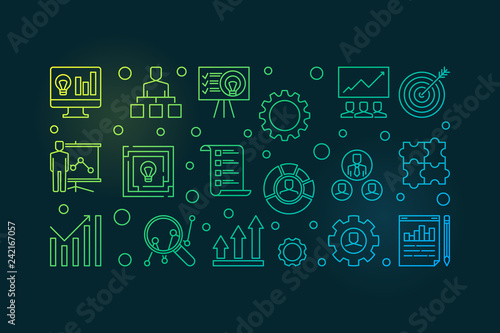 Strategic Planning Process colored banner on dark background. Vector horizontal illustration