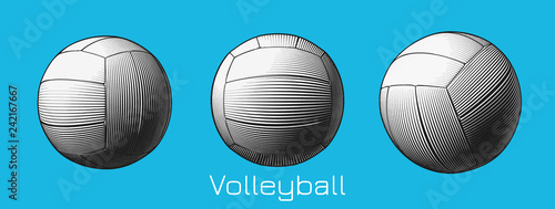 Engraving volleyball illustration on blue BG