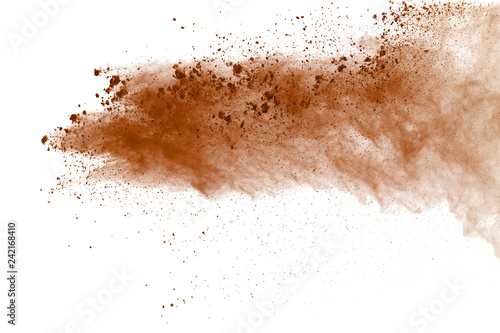 Brown powder explosion on white background. Paint Holi.