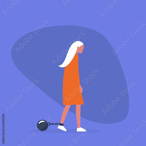 Young exhausted character wearing the shackles. Domestic violence. Obligation. Debt. Concept/ flat editable vector illustration, clip art
