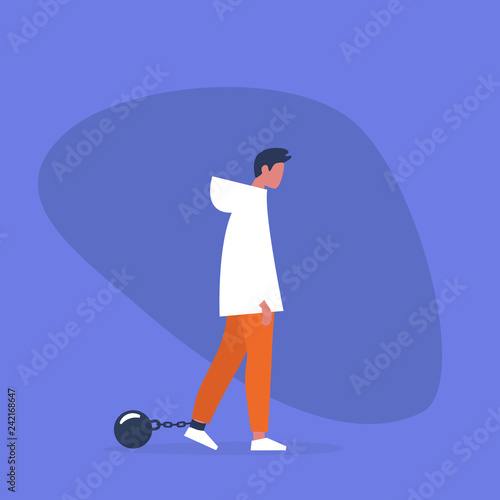 Young exhausted character wearing  shackles. Obligation. Debt. Concept/ flat editable vector illustration, clip art