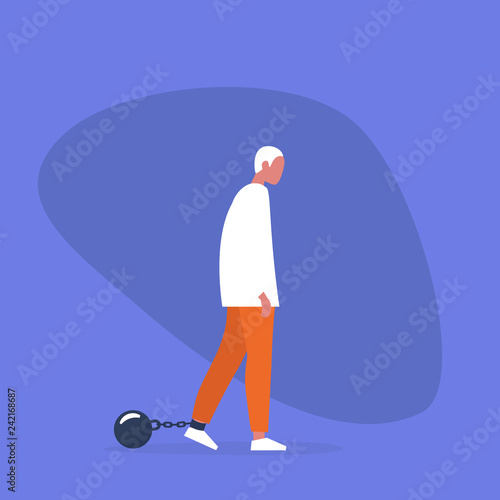 Young exhausted character wearing the shackles. Obligation. Debt. Concept/ flat editable vector illustration, clip art
