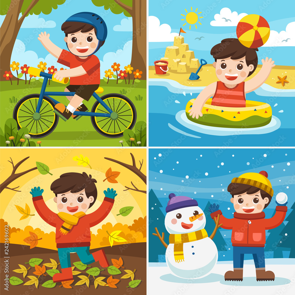Illustration Of Four Seasons and weather. A Cute boy playing in different seasons. Illustration Of Four Seasons and weather. A Cute boy playing in different seasons.