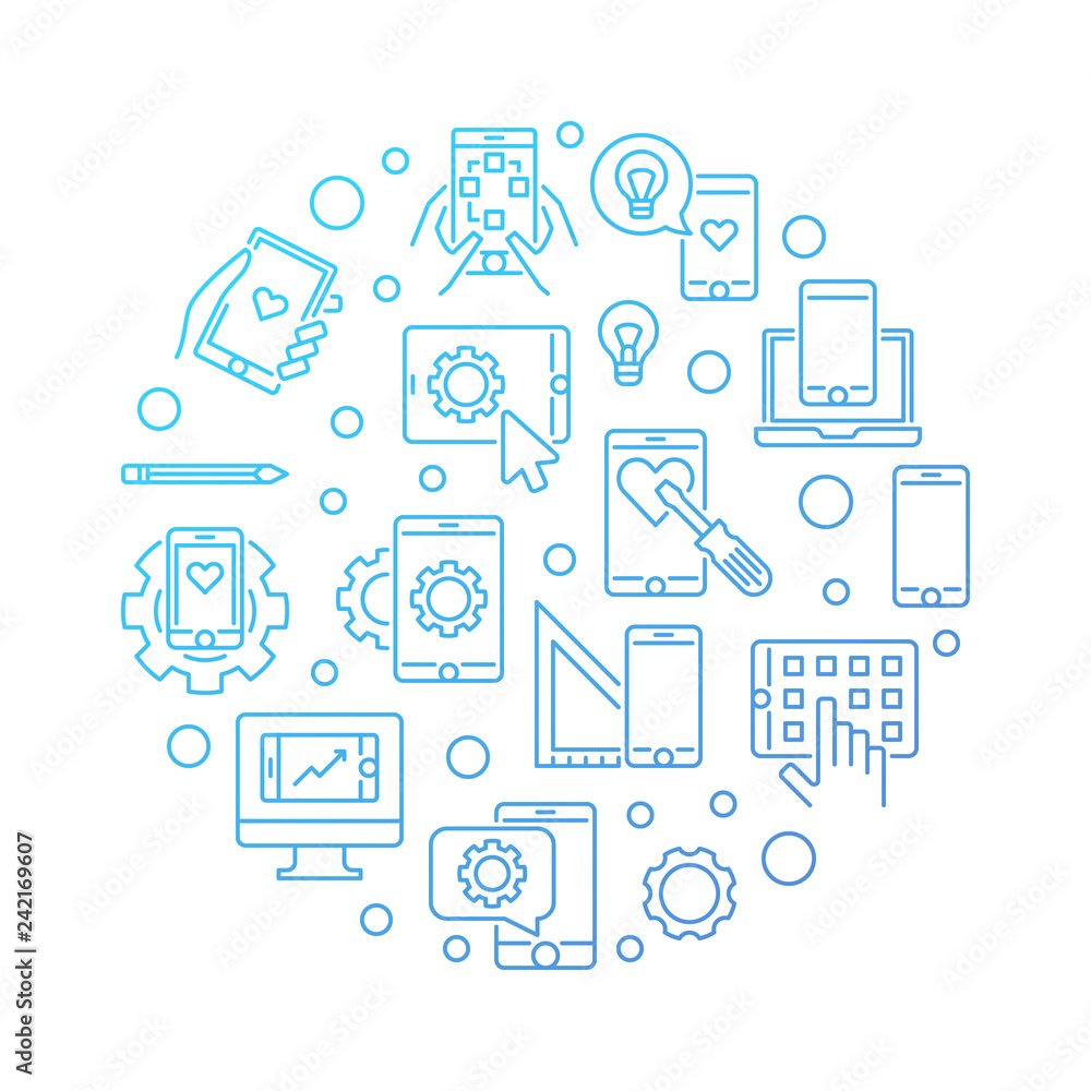 Mobile Application Development vector round blue concept outline illustration on white background Mobile Application Development vector round blue concept outline illustration on white background
