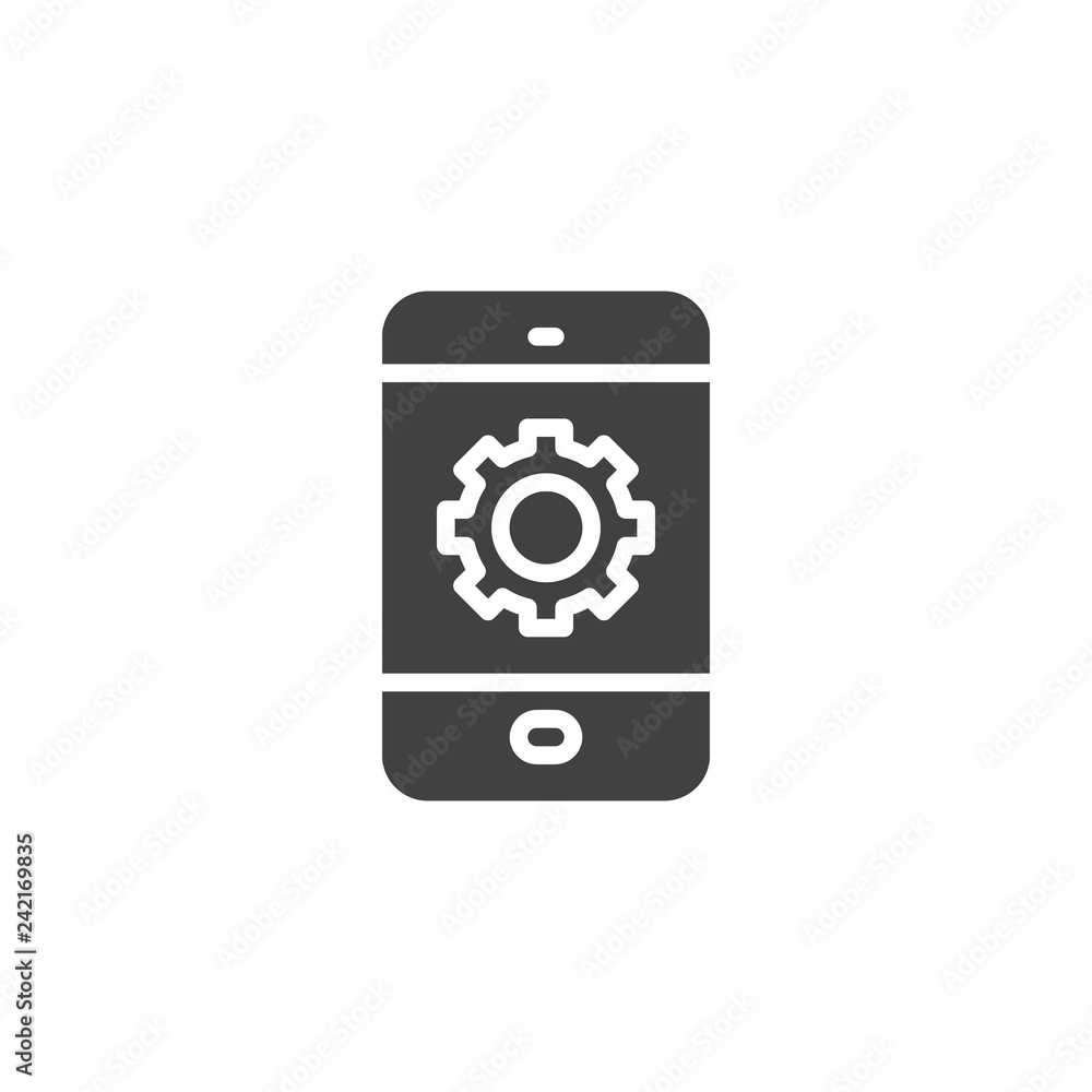 Tablet settings configuration vector icon. filled flat sign for mobile concept and web design. Phone with gear on screen simple solid icon. Symbol, logo illustration. Pixel perfect vector graphics Tablet settings configuration vector icon. filled flat sign for mobile concept and web design. Phone with gear on screen simple solid icon. Symbol, logo illustration. Pixel perfect vector graphics