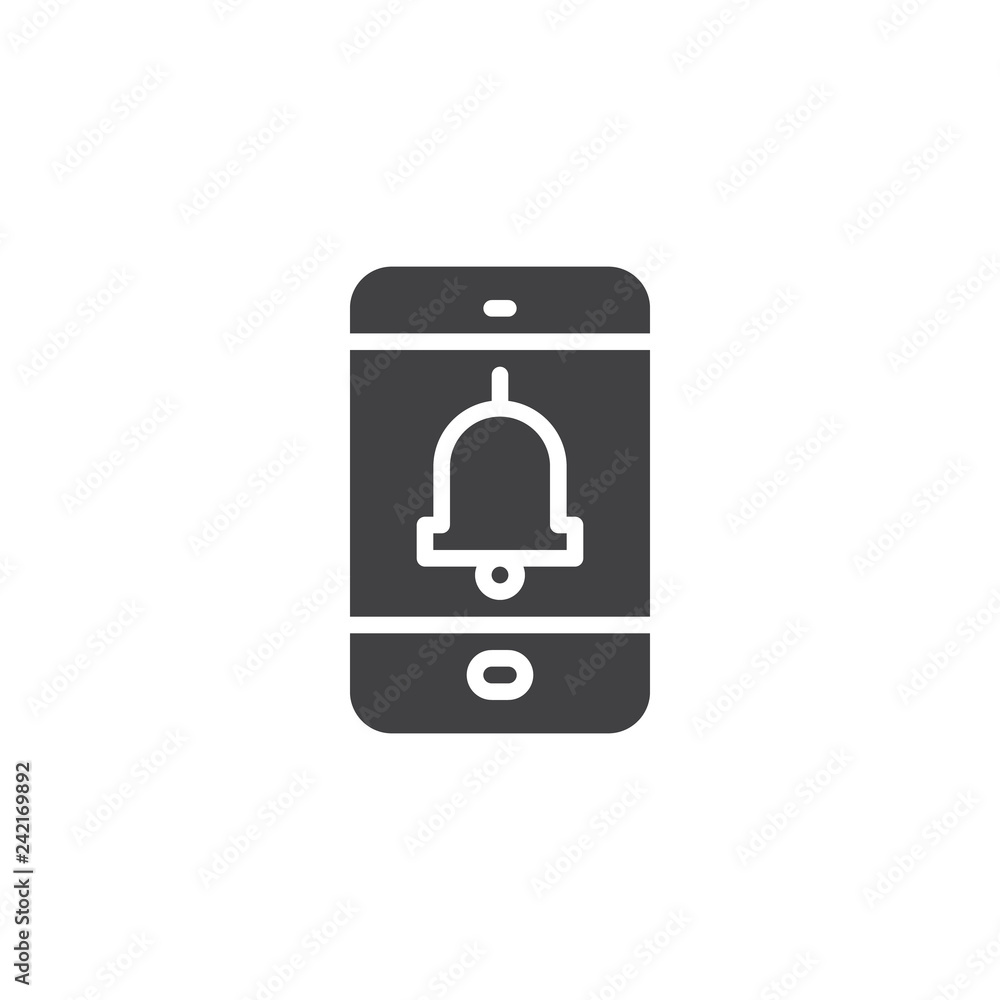 Mobile phone notification vector icon. filled flat sign for mobile concept and web design. Tablet screen with bell simple solid icon. Symbol, logo illustration. Pixel perfect vector graphics Mobile phone notification vector icon. filled flat sign for mobile concept and web design. Tablet screen with bell simple solid icon. Symbol, logo illustration. Pixel perfect vector graphics