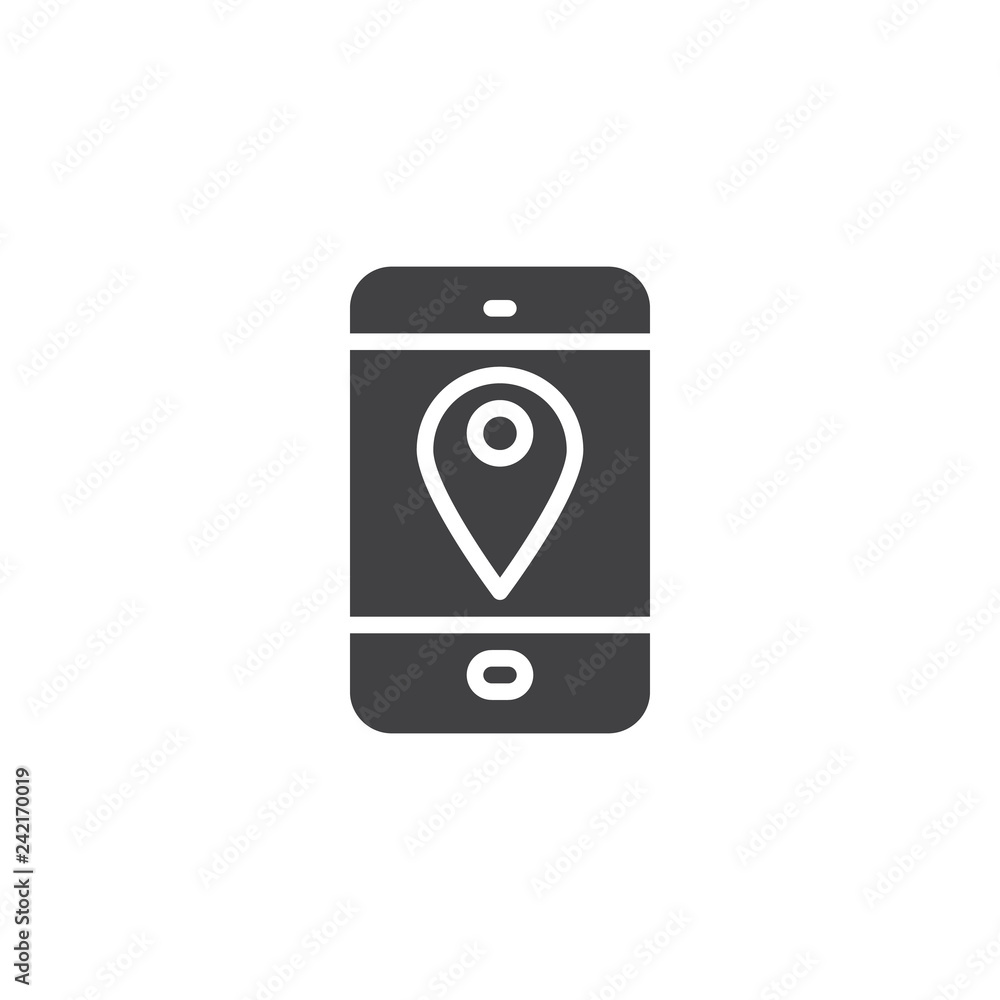 Mobile phone location pin vector icon. filled flat sign for mobile concept and web design. Tablet with map marker on screen solid icon. Navigation symbol, logo illustration Mobile phone location pin vector icon. filled flat sign for mobile concept and web design. Tablet with map marker on screen solid icon. Navigation symbol, logo illustration