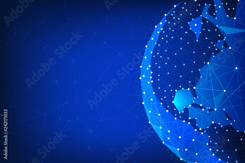 Blockchain technology futuristic hud background with world globe and blockchain polygon peer to peer network
