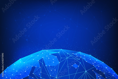 Blockchain technology futuristic hud background with world globe and blockchain polygon peer to peer network