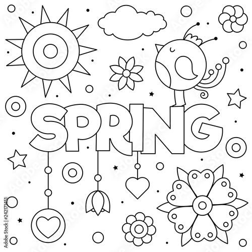 Spring. Coloring page. Black and white vector illustration.