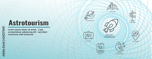 Astrotourism Space Travel or Tourism Web Header Banner with spaceship, telescope, and planets