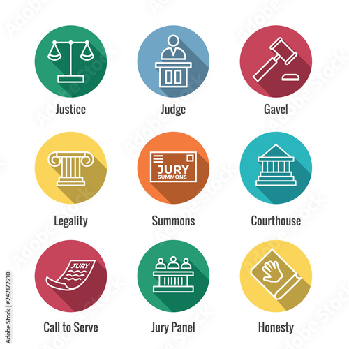Law and Legal Icon Set with Judge, Jury, and Judicial icons