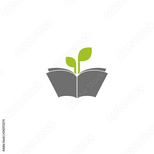 Open book silhouette with green sprigs and leaves. Flat icon isolated on white background.