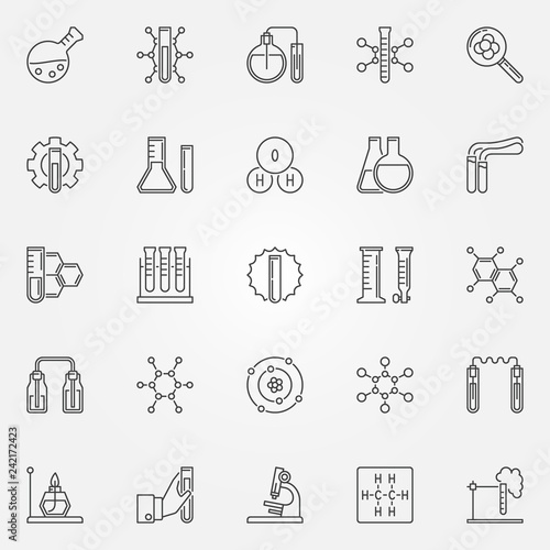 Chemistry icons set - vector Chemical science concept symbols in thin line style
