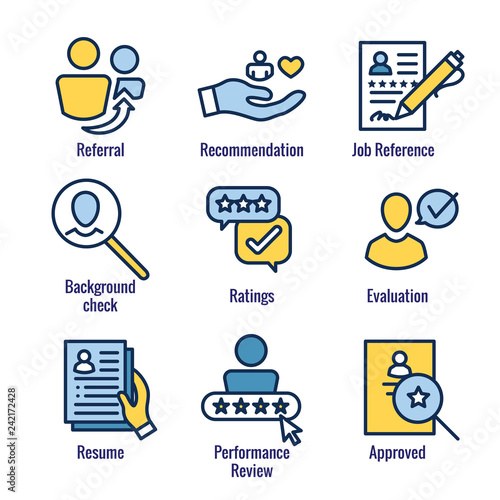 Referral Job Reference Icon Set with recommendations, performance review, etc
