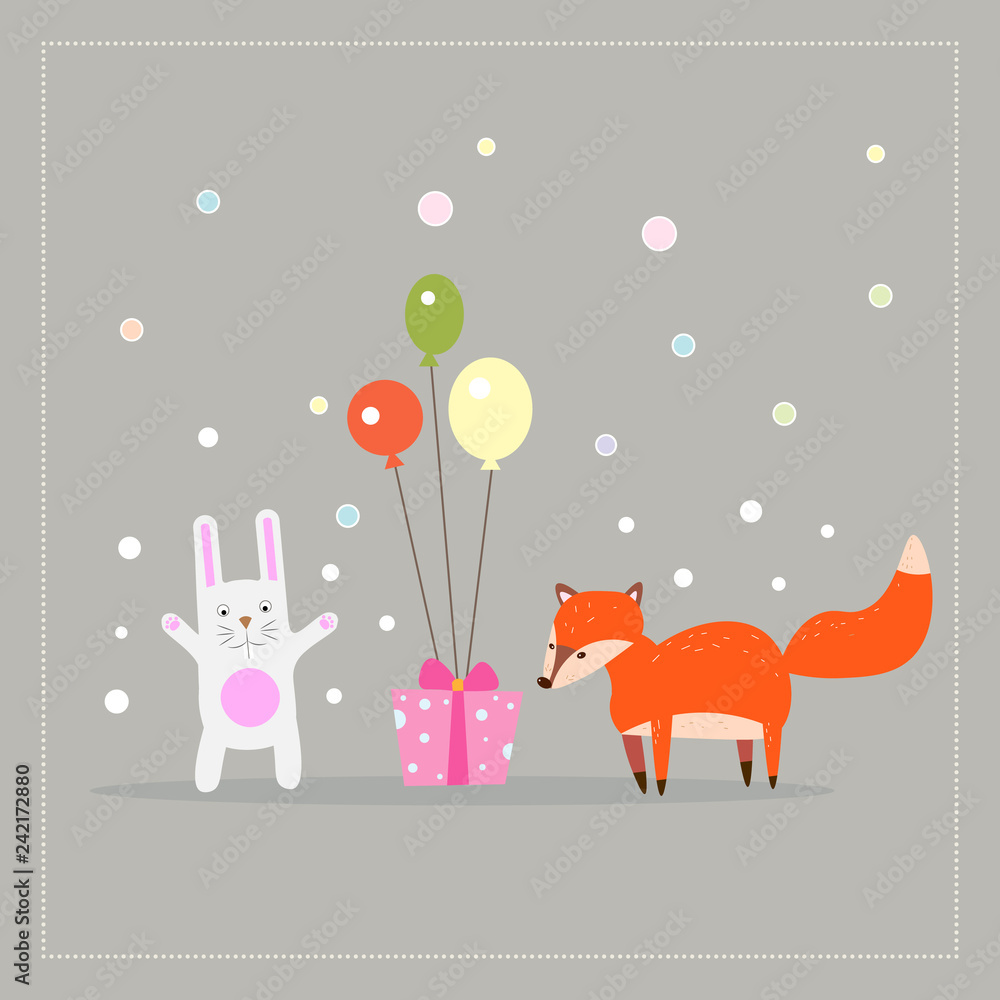 Obraz premium Cartoon fun little foxes fox with white rabbit, gift and ballons