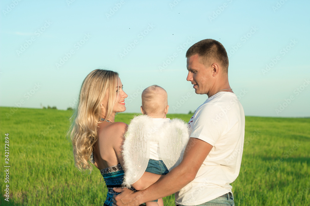 Happy family in a green meadow. A child with angel wings. The concept of family and happiness. Happy family in a green meadow. A child with angel wings. The concept of family and happiness.