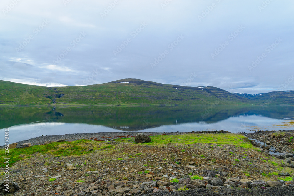 Coastline and landscape along the Isafjordur fjord