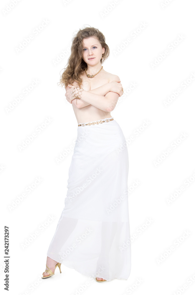 Emotions of beautiful girl in a white skirt, Topless. Emotions of beautiful girl in a white skirt, Topless.