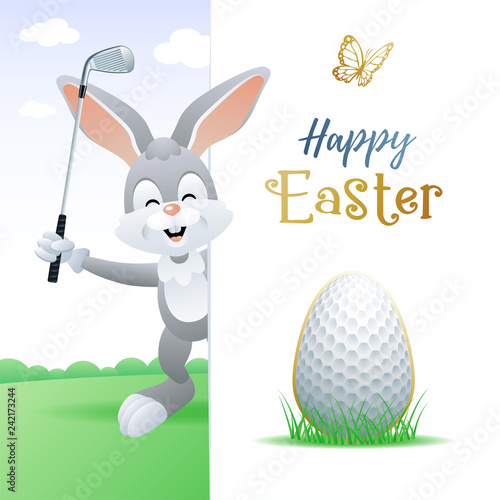Happy Easter. Sports greeting card. Cute Rabbit with Golf Egg and Golf iron. Vector illustration.
