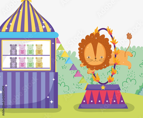 toys store and lion jumping the fire hoop