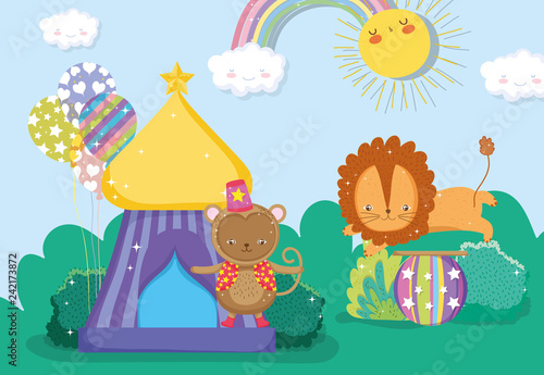 monkey in the circus top and lion jumping in the ball