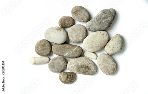 sea round stones, pebbles on white isolated background