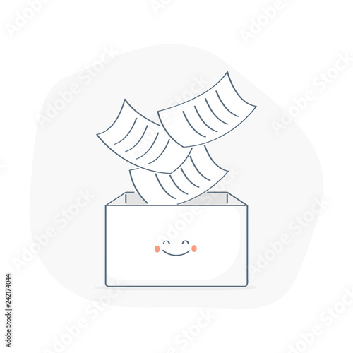Document storage, save, backup, import or copy files to the cardboard box, make a save to container. Cute outline vector illustration.