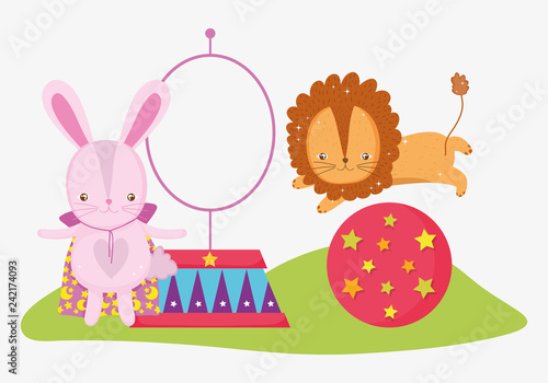 rabbit costume and lion in the ball with hoop