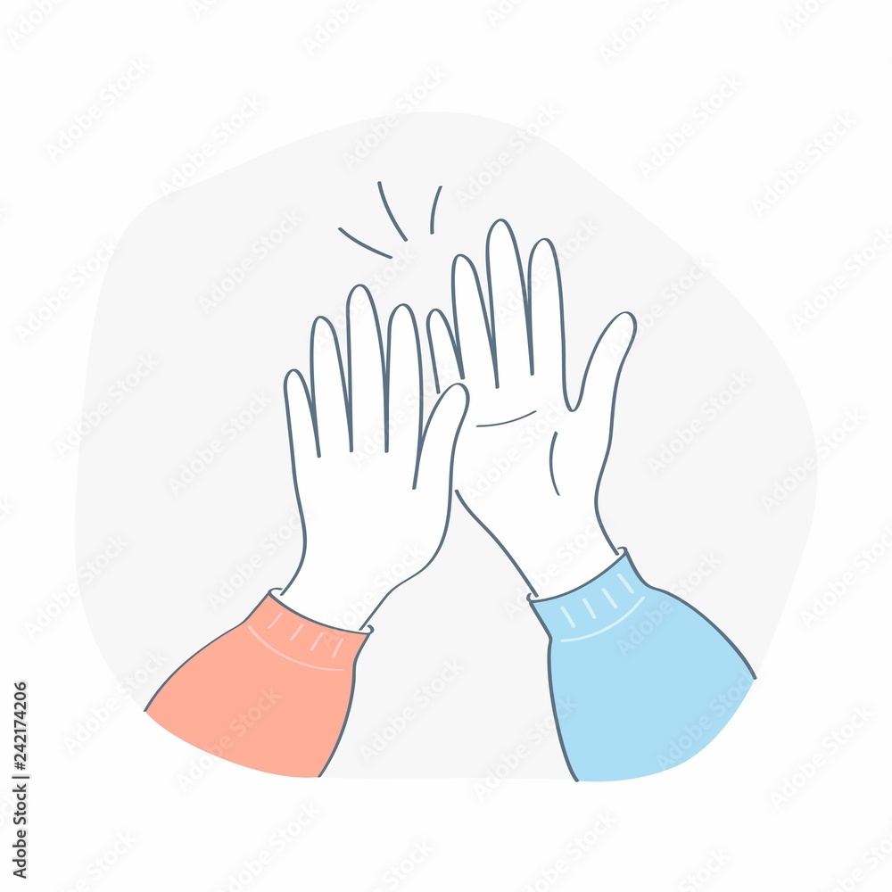 Clapping hands. Giving high five, good job, successful team work, togetherness icon, celebrating reward, startup success, good teamwork result, engaging in team building concept. Flat illustration. Clapping hands. Giving high five, good job, successful team work, togetherness icon, celebrating reward, startup success, good teamwork result, engaging in team building concept. Flat illustration.