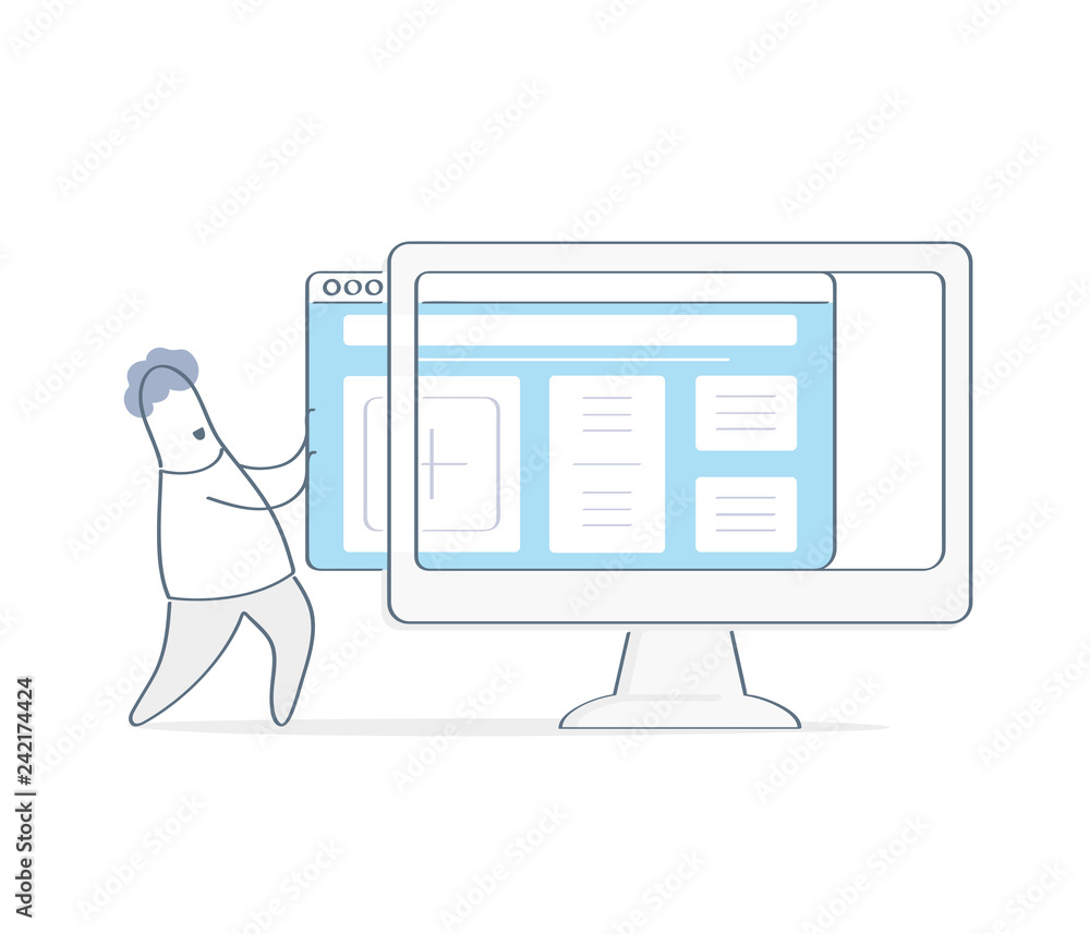 New website template launch, ux ui design updates, changing website design. Outline cartoon man uploading new website theme to computer monitor display - obrazy, fototapety, plakaty 
